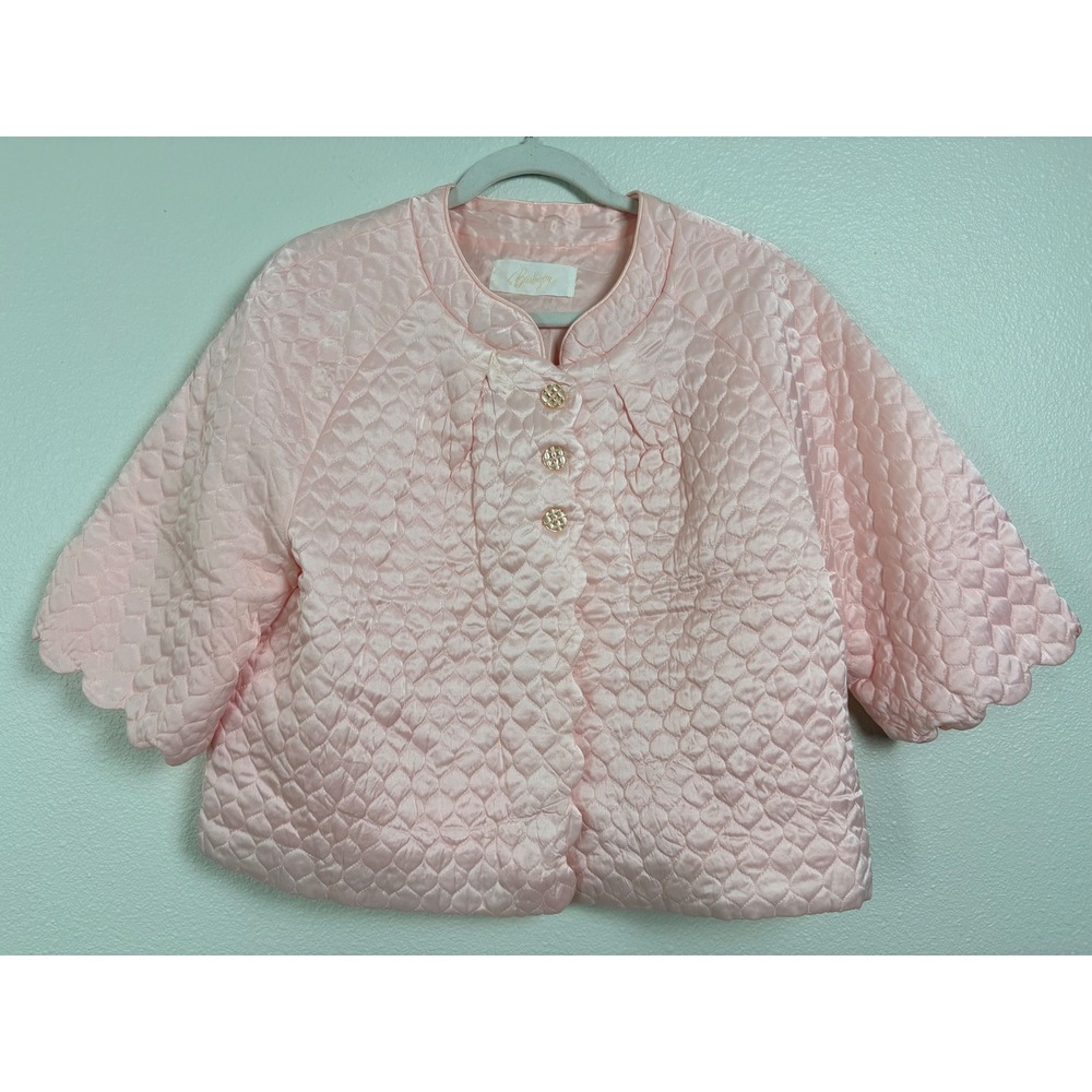 Vintage Barbizon Pink Quilted Heart Satin Bed Jacket Scalloped Cropped Robe